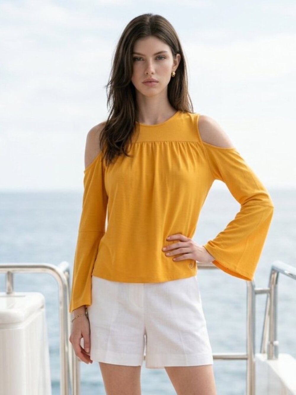 Michael Kors yellow long-sleeve off-the-shoulder blouse, size M